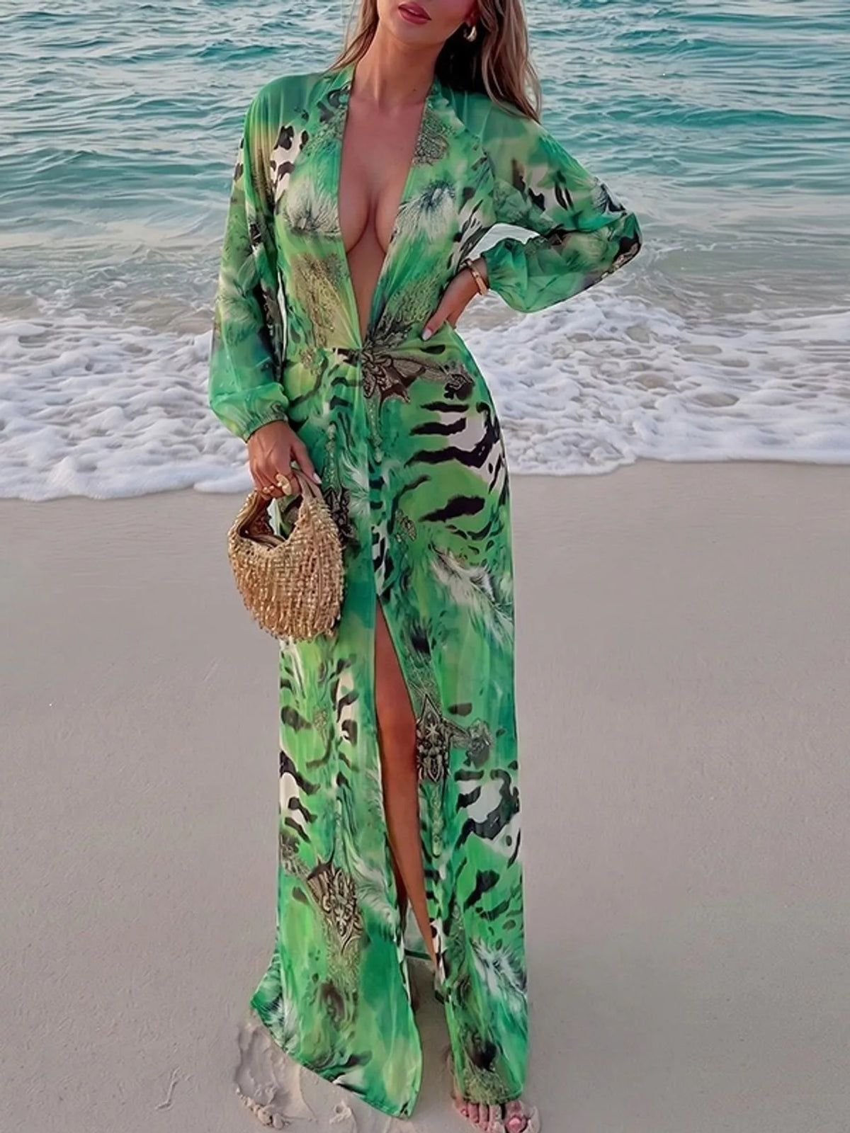 Green printed deep V-neck maxi dress with long sleeves and front slit detail