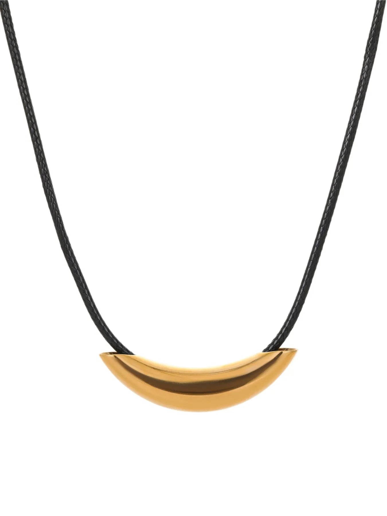 Curved gold bar pendant necklace on black leather rope
