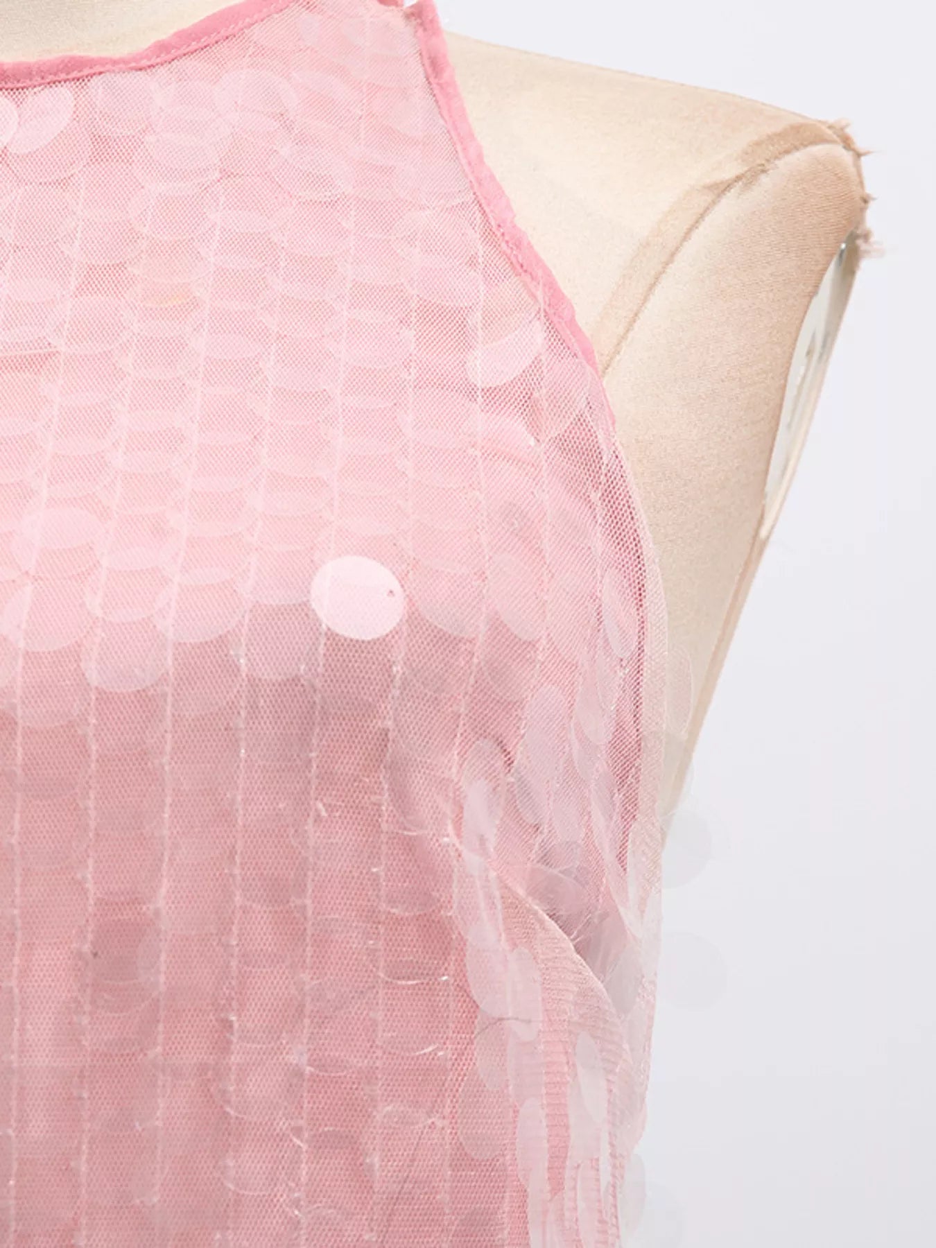 Cedar & Moore Sequin Halter Neck Mini Dress in pink with halter-tie and mesh overlay