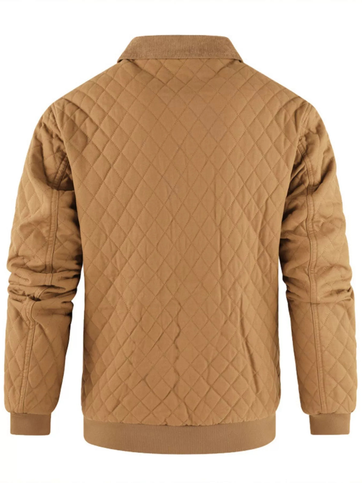 Men's khaki quilted zip-collar jacket, diamond stitch, back view