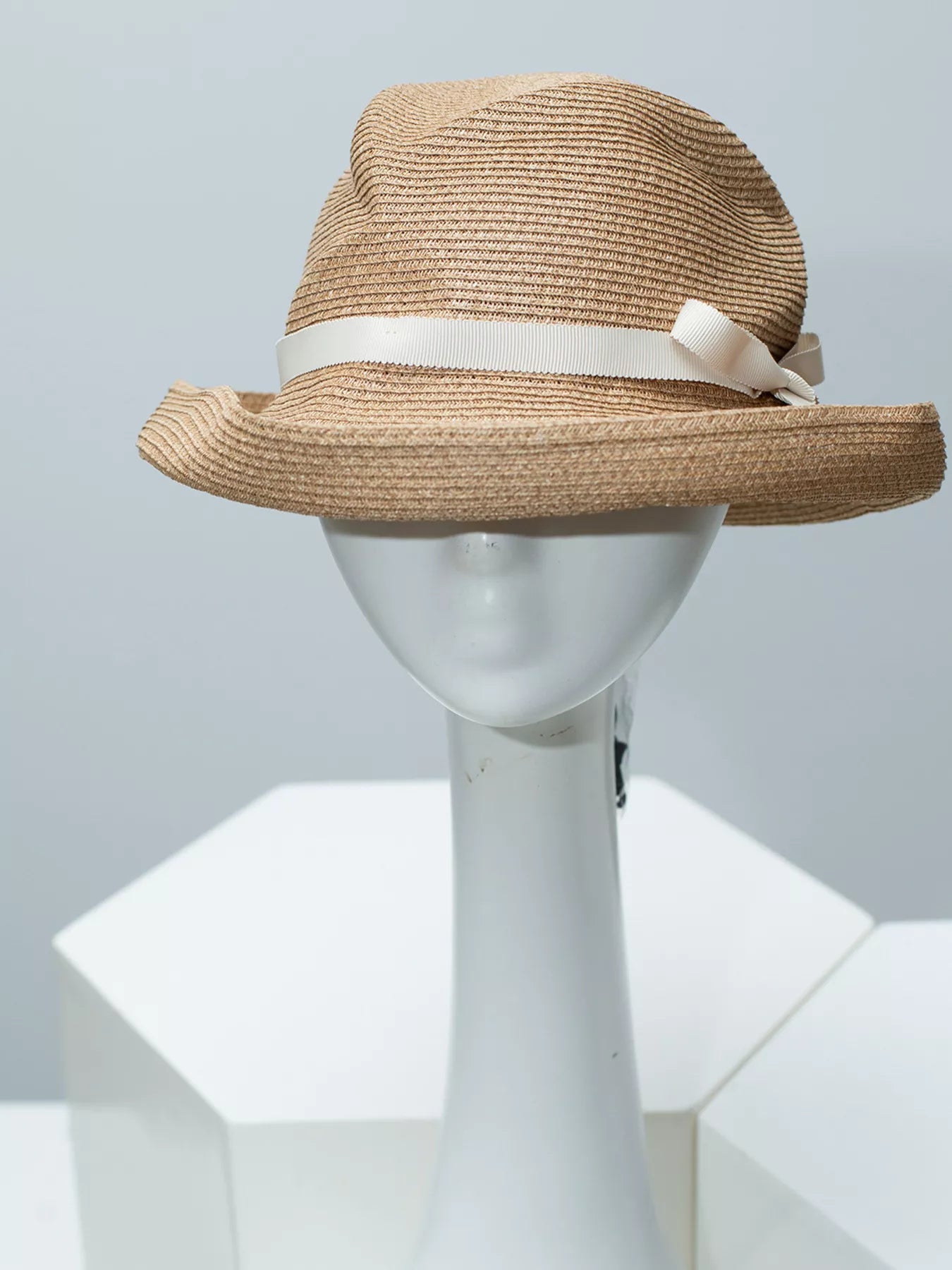 Cedar & Moore Ribbon Straw Hat in natural straw with white ribbon band