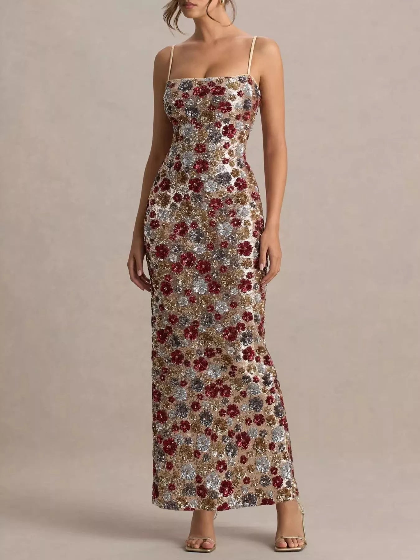 Cedar & Moore Slit Floral Sequin Bodycon Maxi Dress with spaghetti straps and multicolor sequin floral pattern