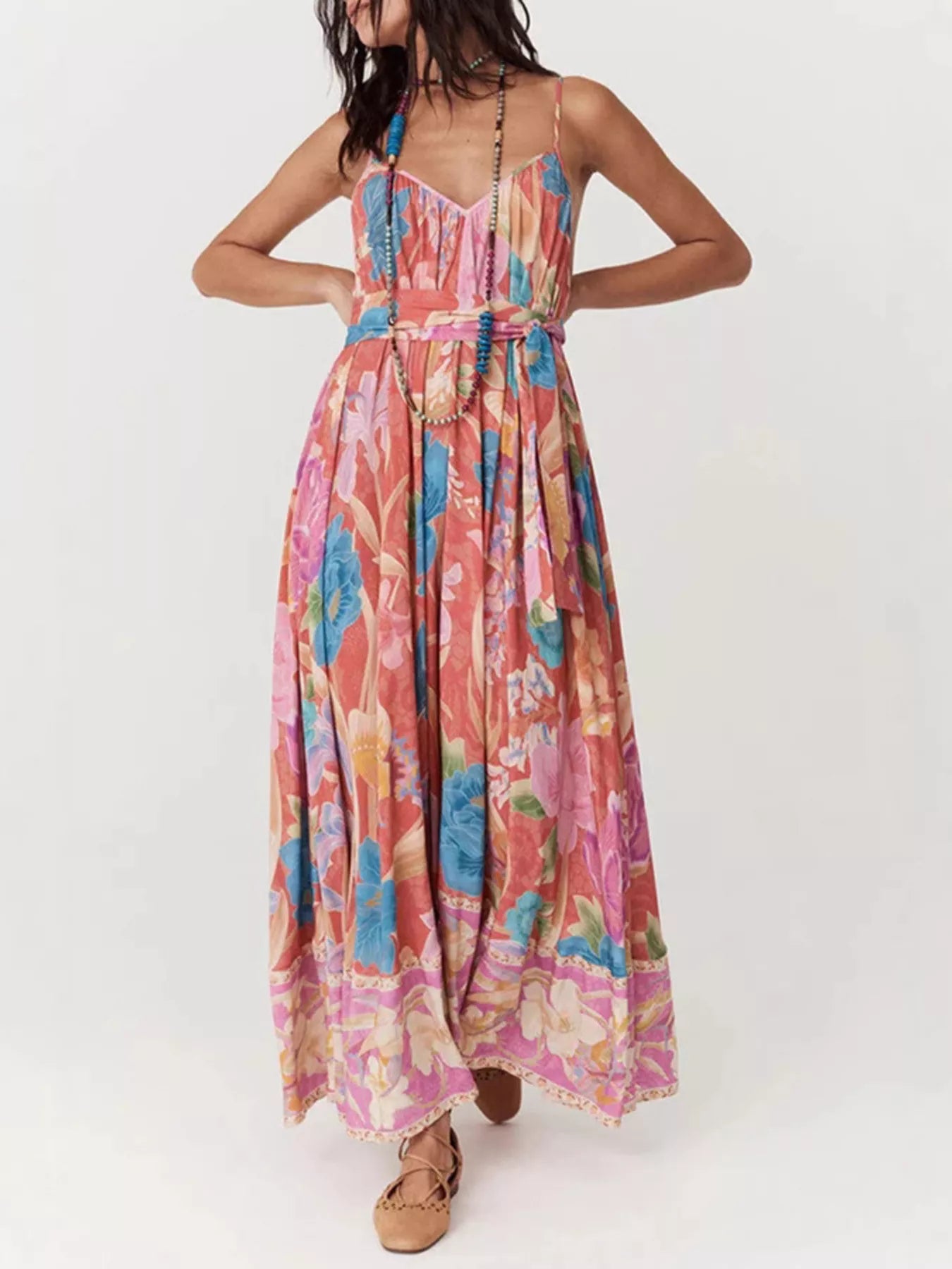 Floral Print Spaghetti Strap Maxi Dress in colorful botanical pattern