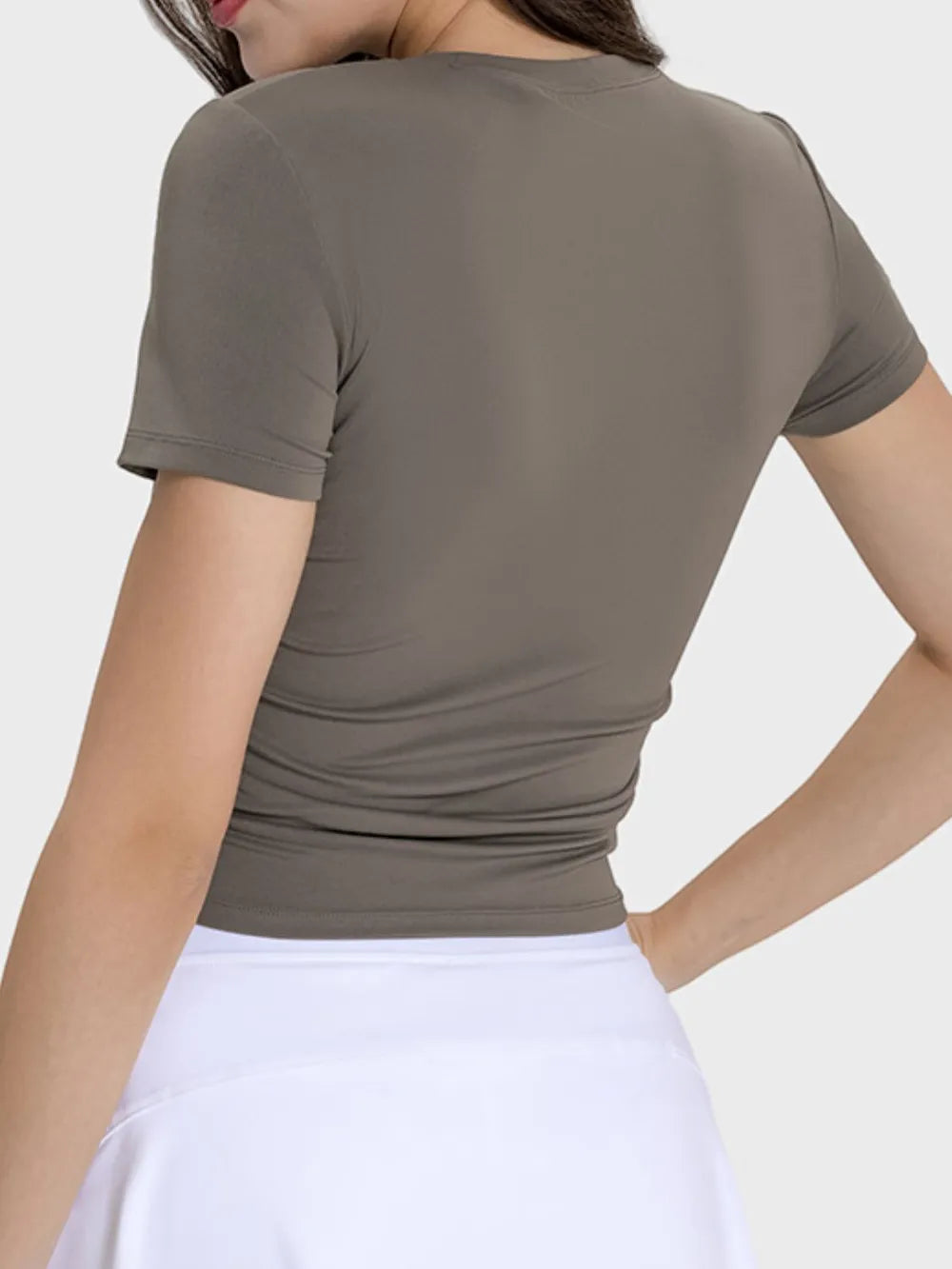 Mocha ruched active t-shirt, short sleeves, round neck