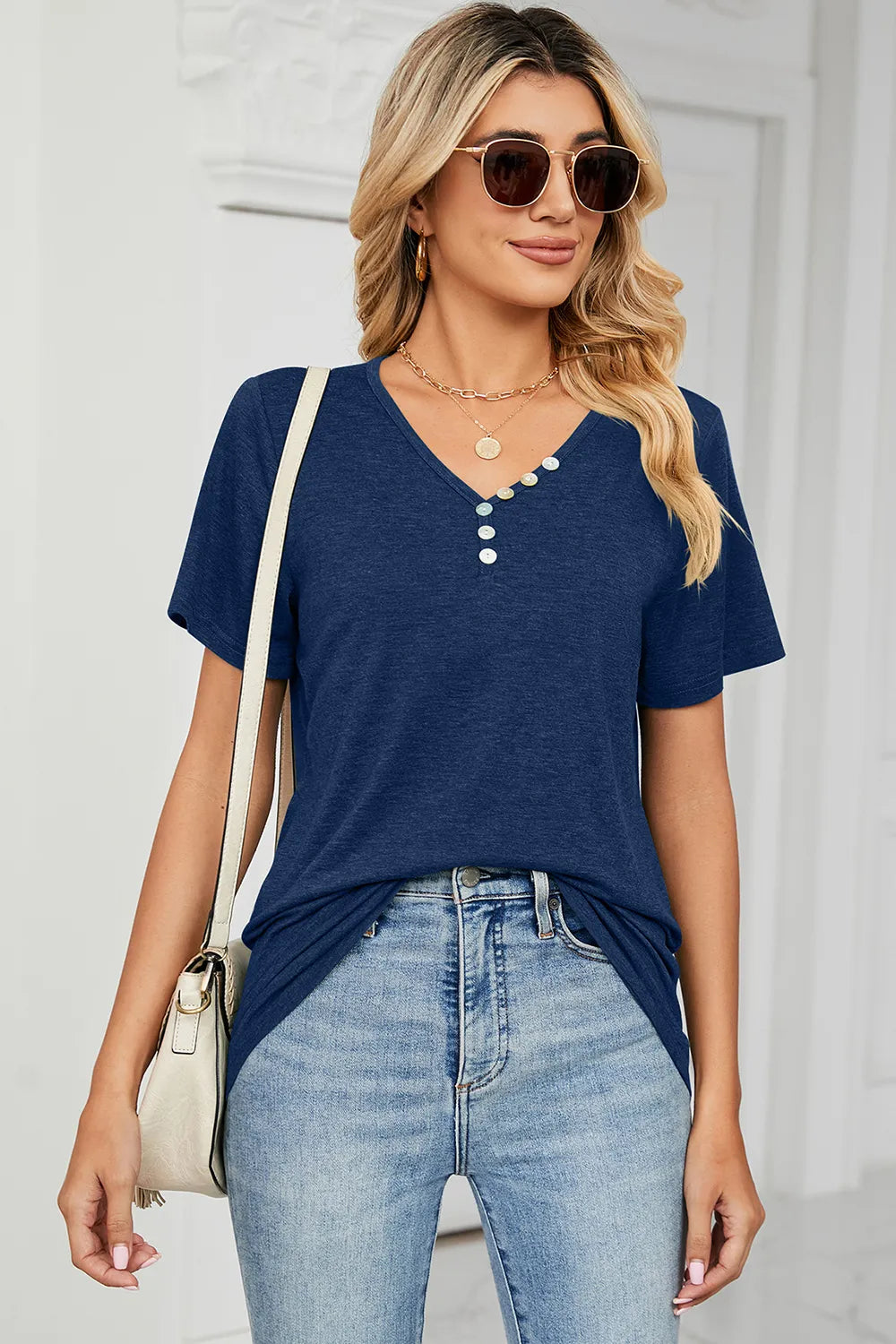 V-neck short-sleeve T-shirt, dark blue with buttoned henley placket at neckline