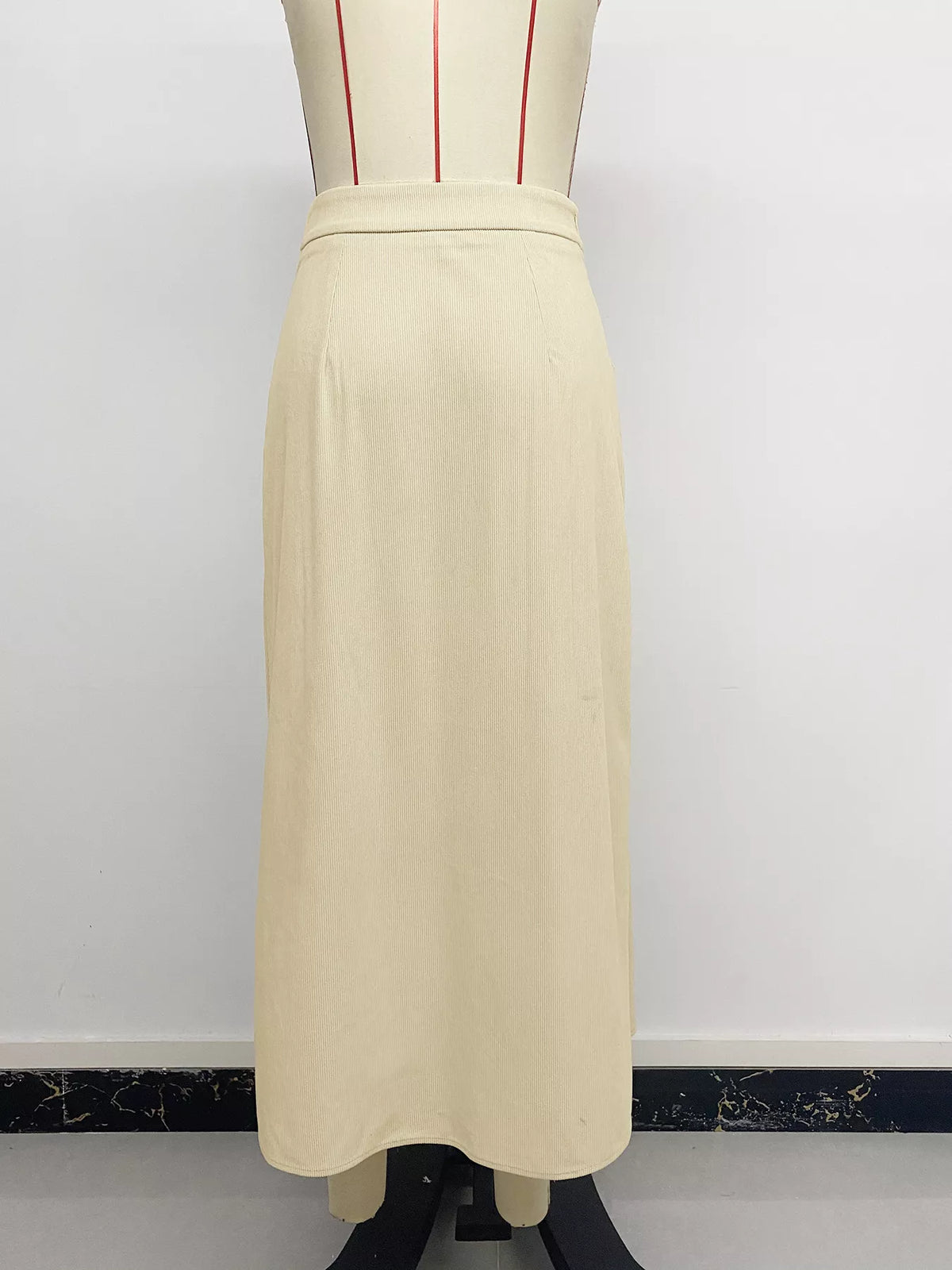 Khaki high-waist pleated midi skirt with straight back panel and front zipper