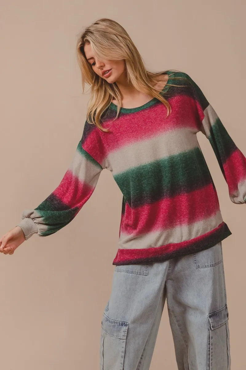 Striped knit top with crew neck; long sleeves and straight hem; fuchsia, cream, dark green