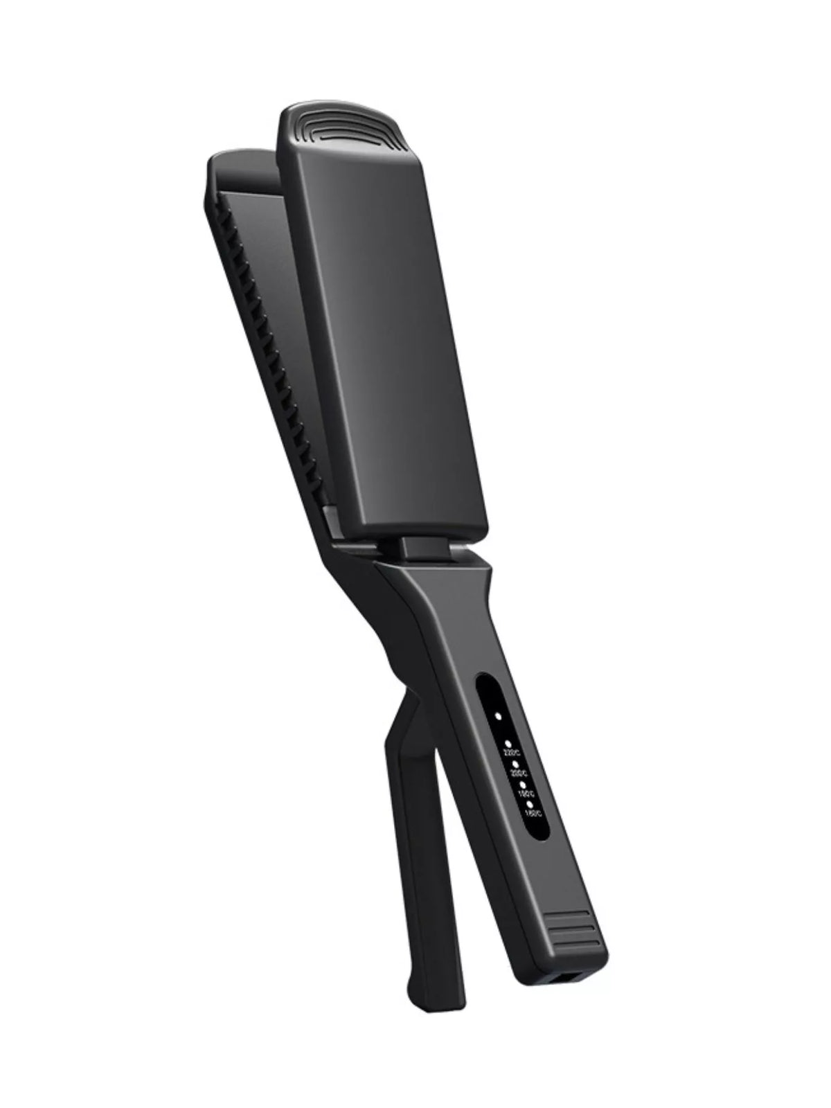 Black portable heat hair straightener with stand legs and digital control panel