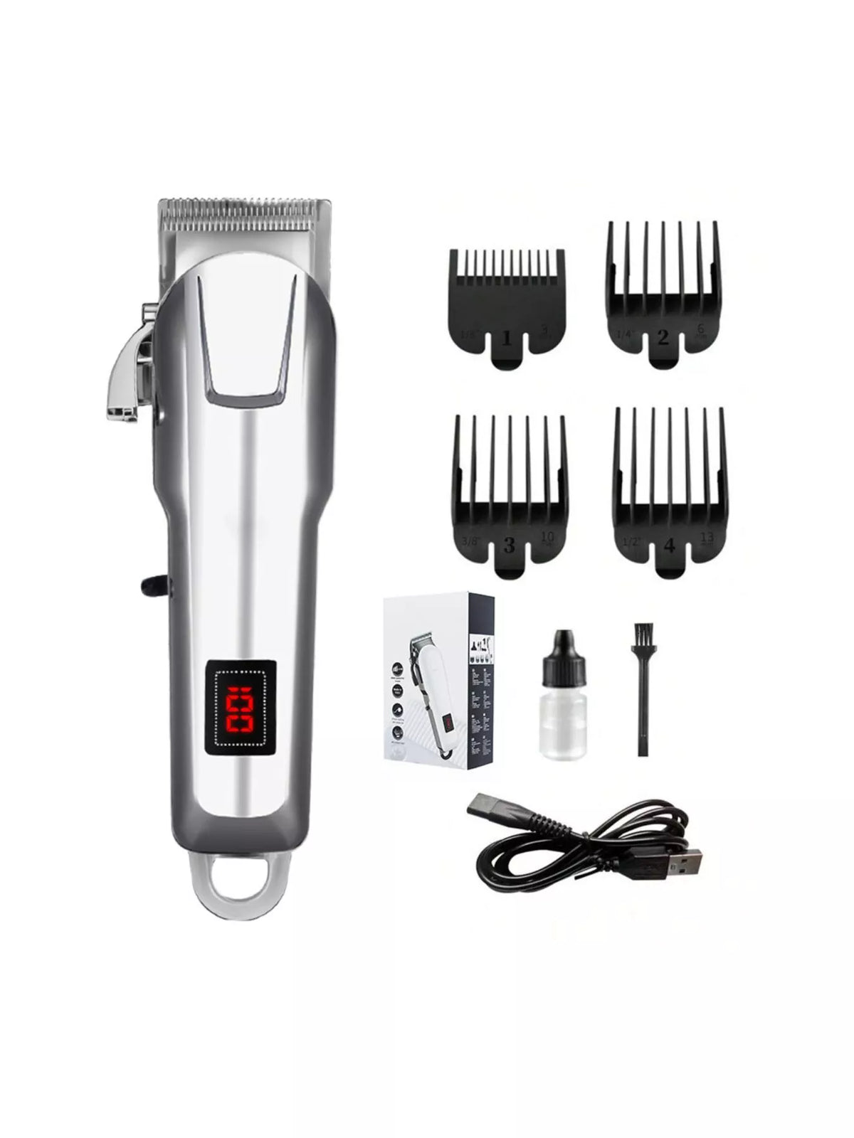Cordless hair clipper with LED display, silver body with red number, plus guard attachments