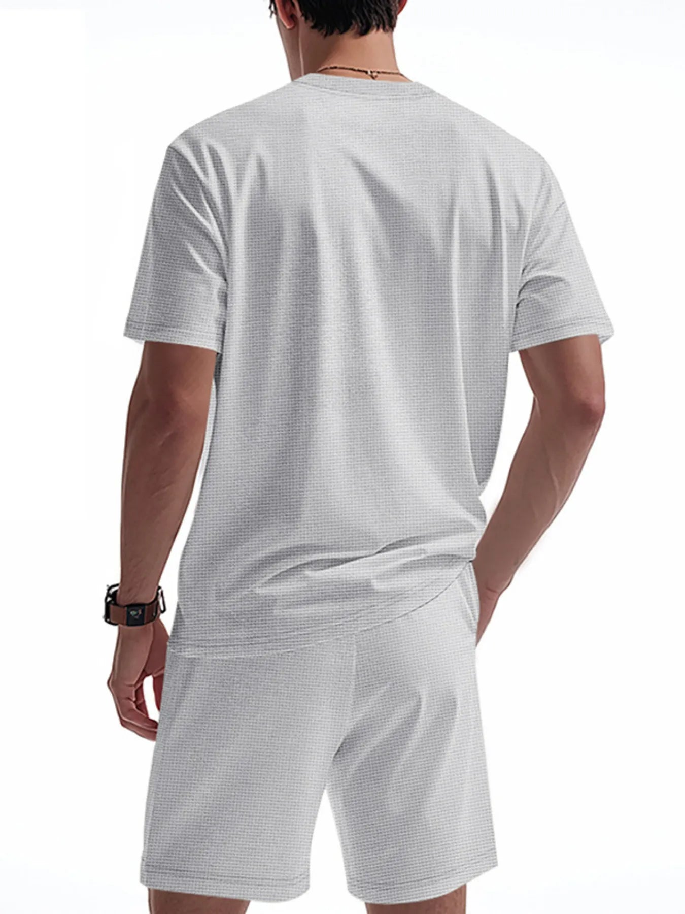 Men’s light gray short-sleeve T-shirt and matching shorts set, back view