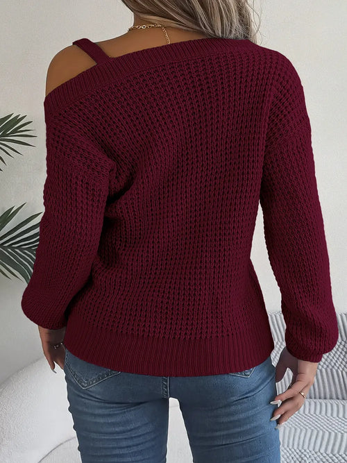 Wine asymmetrical off-shoulder knit sweater viewed from back, long sleeves and ribbed hem.