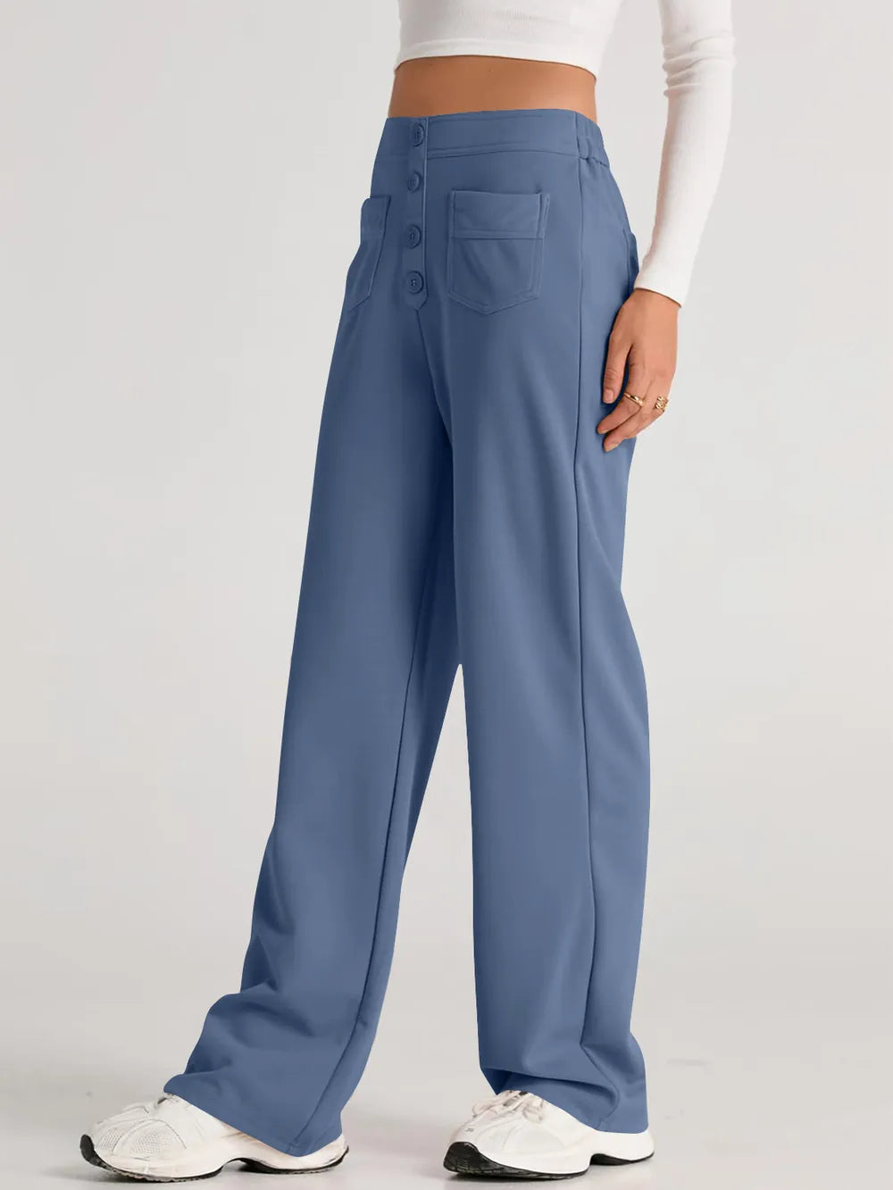 Dusty blue high-waist wide-leg pants with button-front and front pockets
