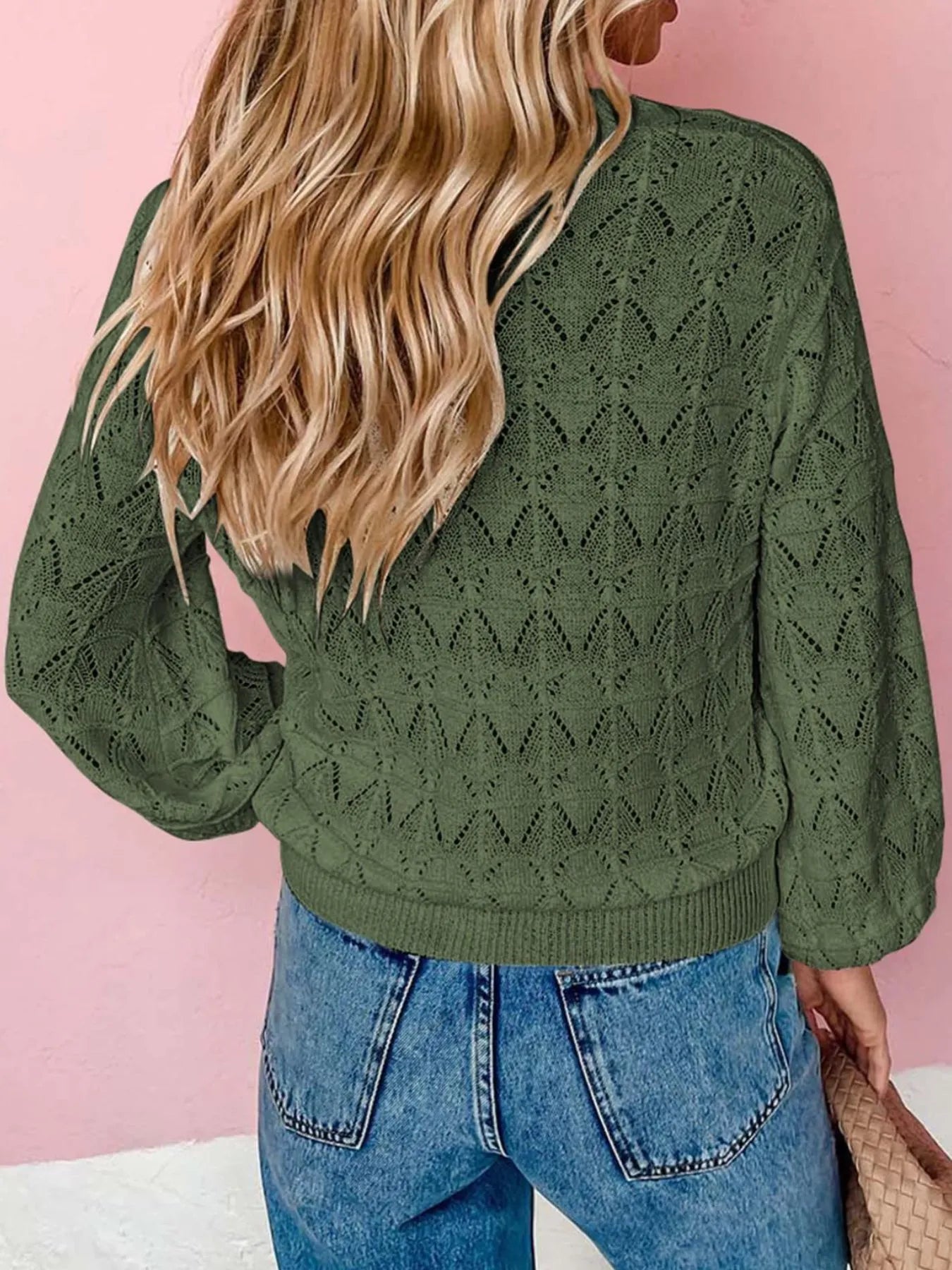 Olive green openwork button-up cardigan sweater with V-neck and long sleeves
