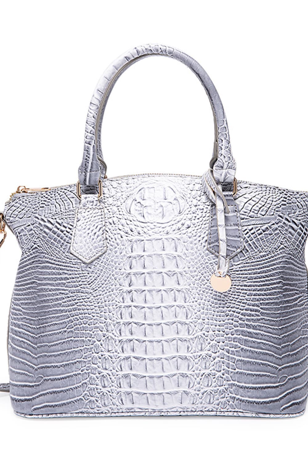Croc-embossed vegan leather handbag in light gray with top handles and front emblem