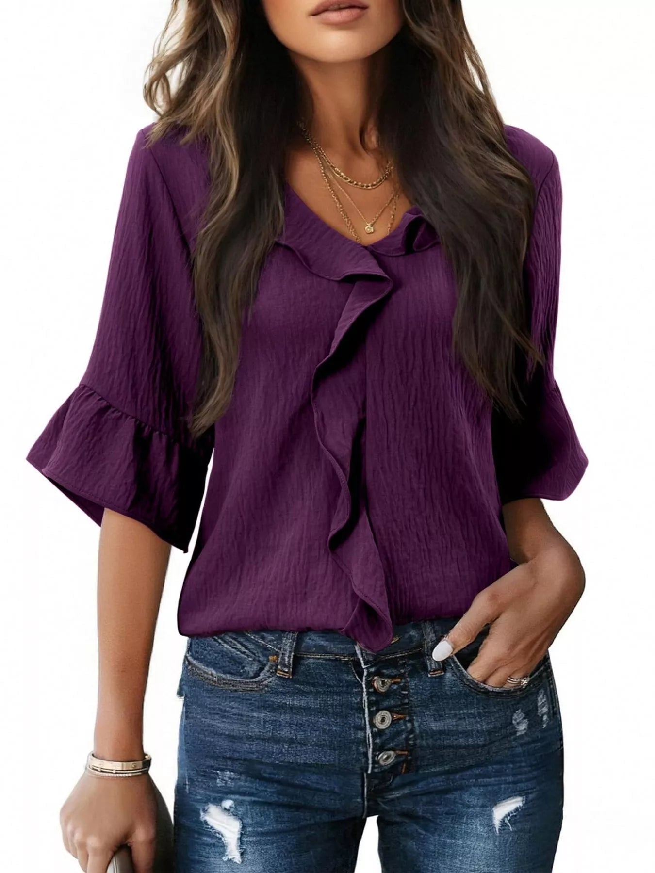 Purple ruffle-trim V-neck blouse with layered front and short flared sleeves
