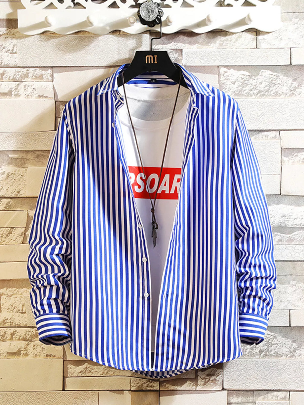 Men's striped casual button-up shirt in royal blue with white vertical stripes