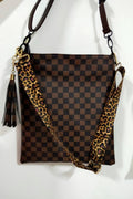 Brown check PU leather shoulder bag with leopard strap trim and hanging tassel