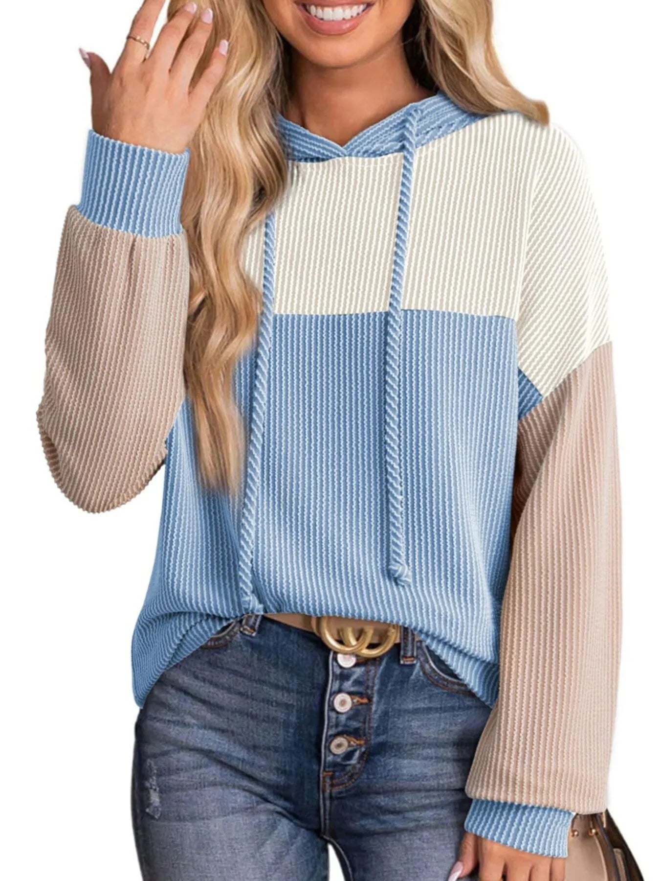 Color block long sleeve hoodie in sky blue and beige stripes, drawstring hood, front pocket