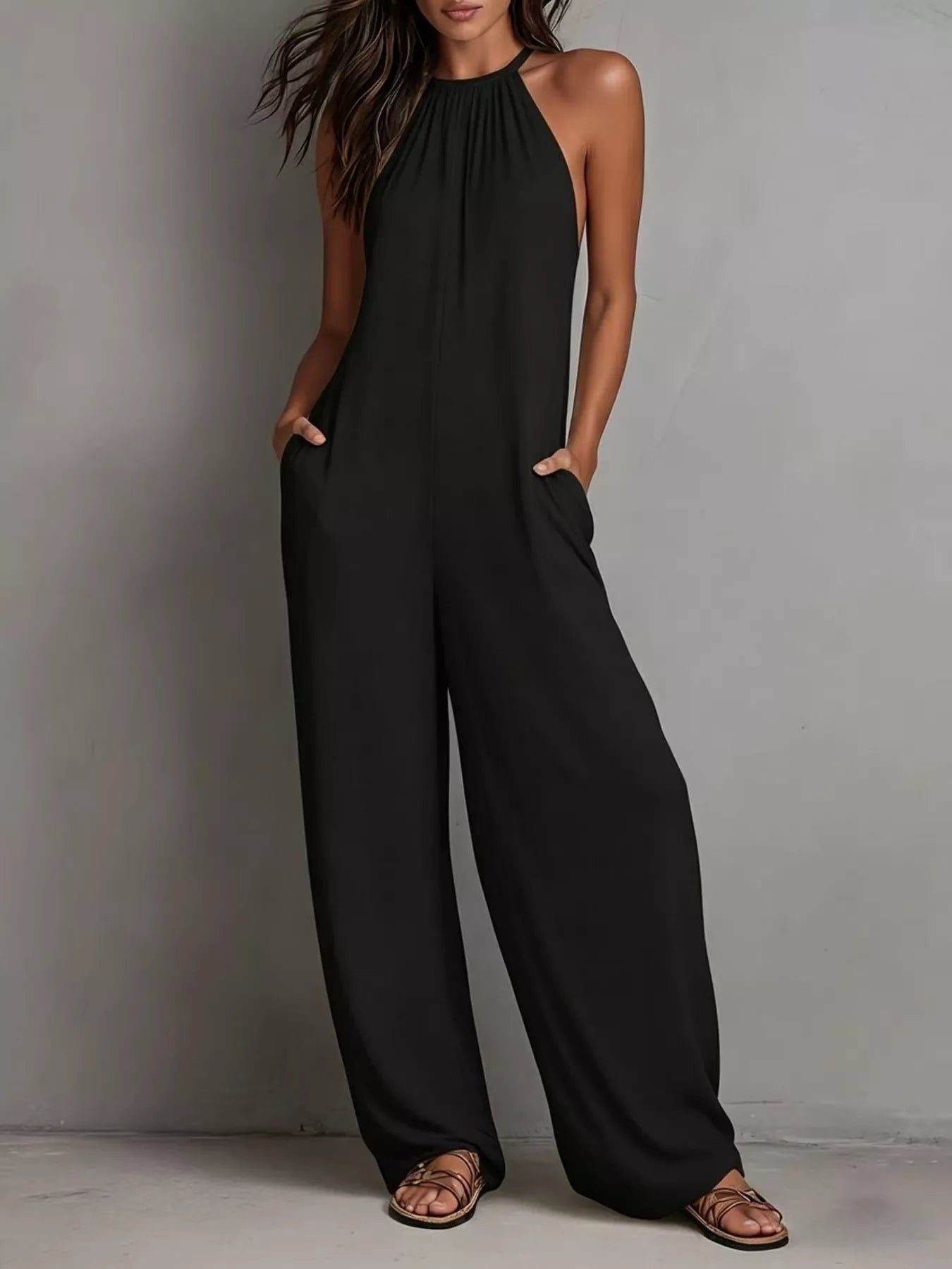 Black sleeveless wide-leg jumpsuit with high gathered neckline