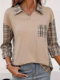 Beige three-quarter sleeve T-shirt with plaid Johnny collar, plaid sleeves, and chest pocket
