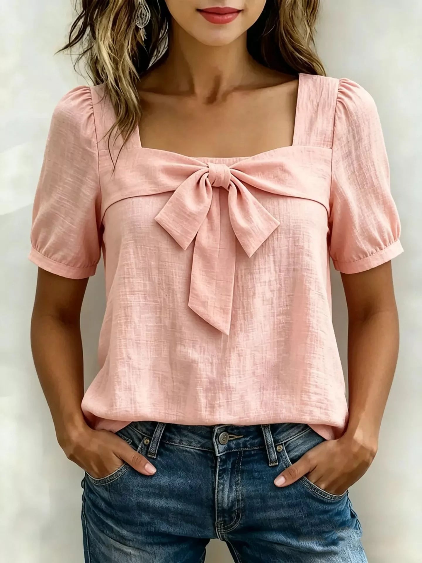Pink square-neck blouse with puff sleeves and bow-tie at the chest
