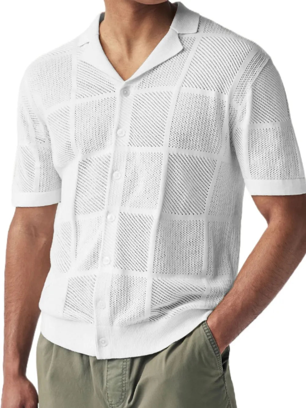 Ivory button-down checkered eyelet knit shirt, short sleeves, and button placket