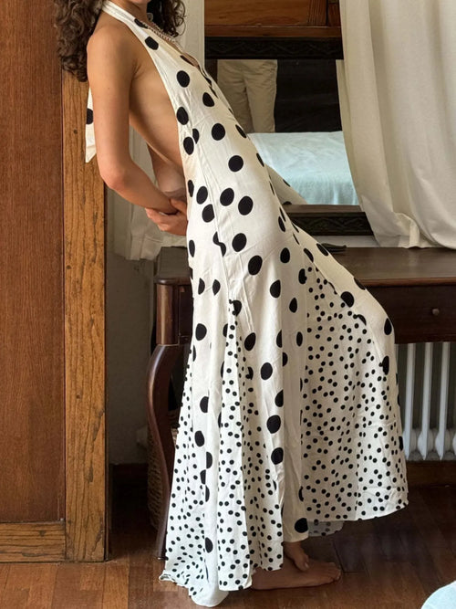 White polka dot halter maxi dress in A-line silhouette, backless V cut