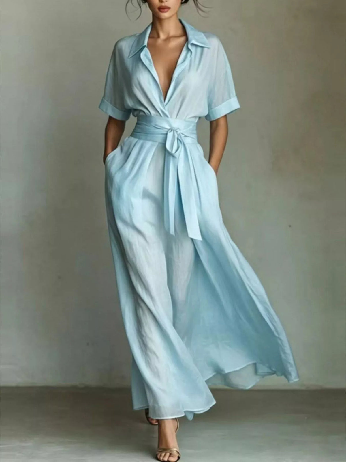 Light blue collared maxi shirt dress with waist belt and short sleeves