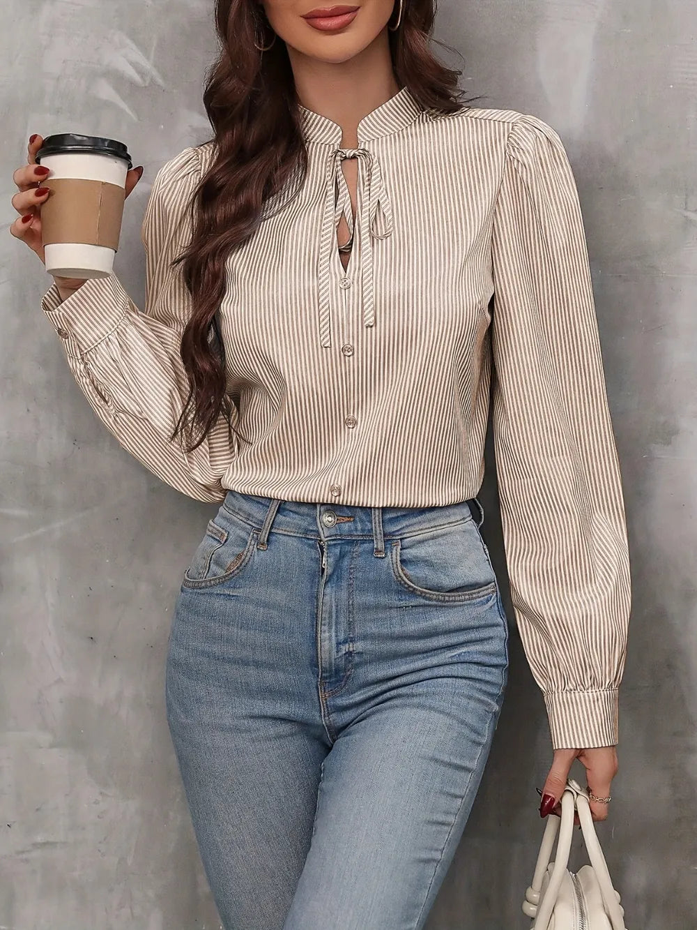 Taupe striped long sleeve blouse with tied keyhole neck and button-front placket