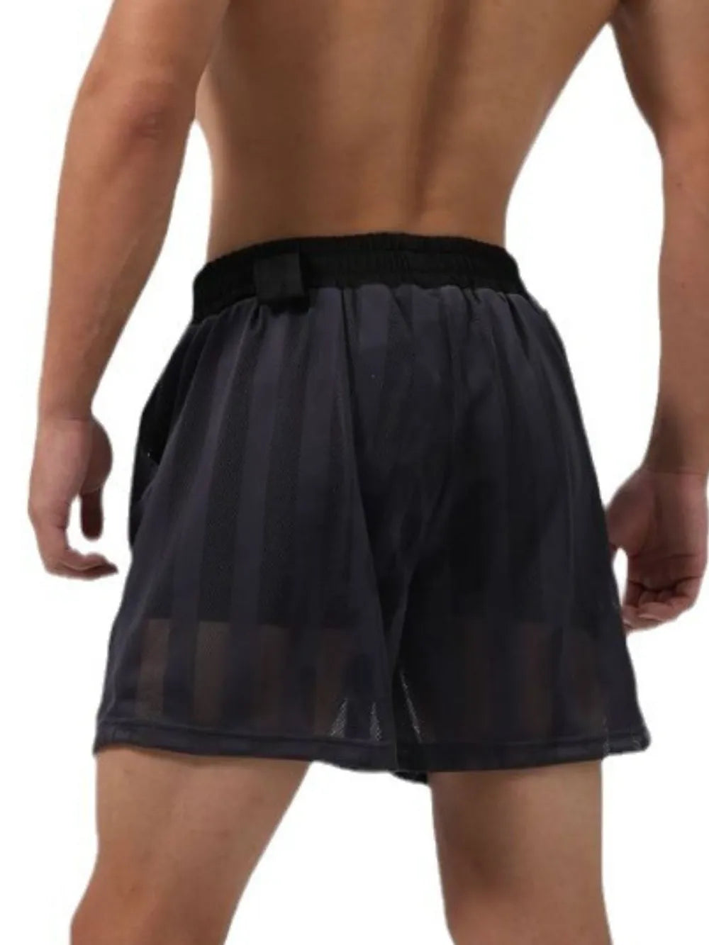 Black elastic waist mesh shorts with sheer fabric and gathered waistband