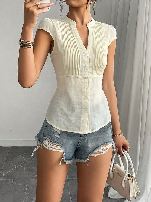 Cap-sleeve button-up shirt, light cream, vertical pleats, short placket with front buttons