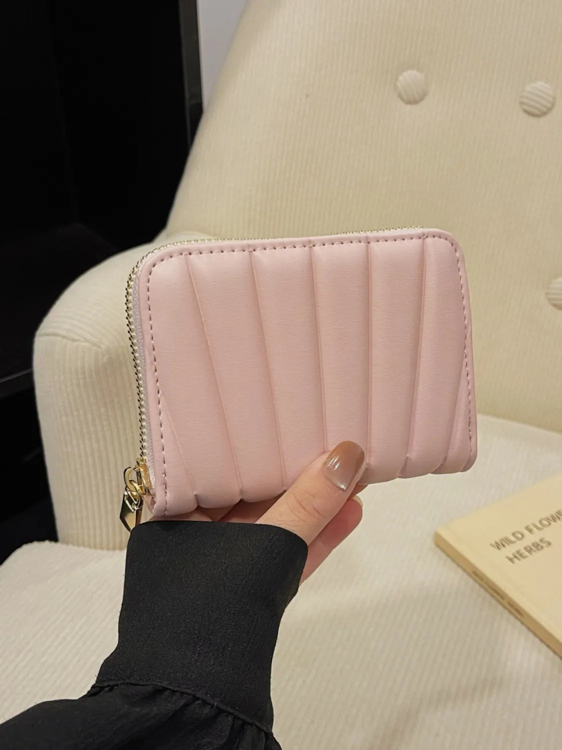 Blush pink mini vegan leather wallet, quilted panels, gold-tone zipper