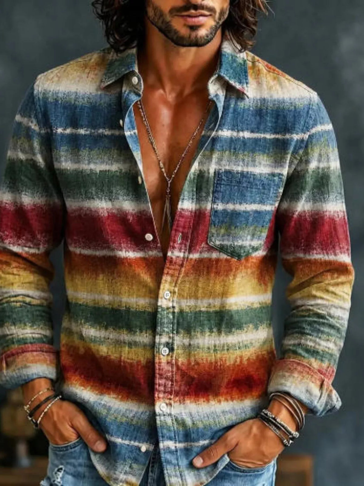 Multicolor striped long-sleeve button-up shirt with chest pocket