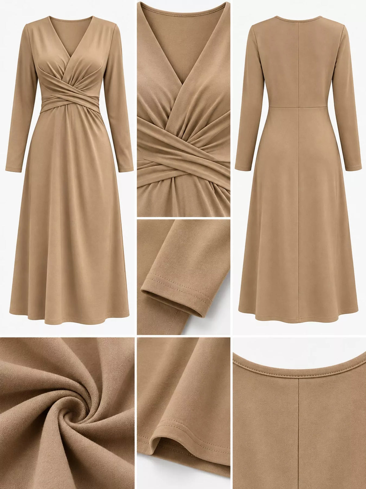 Beige ruched front midi dress with long sleeves and twisted waist detail