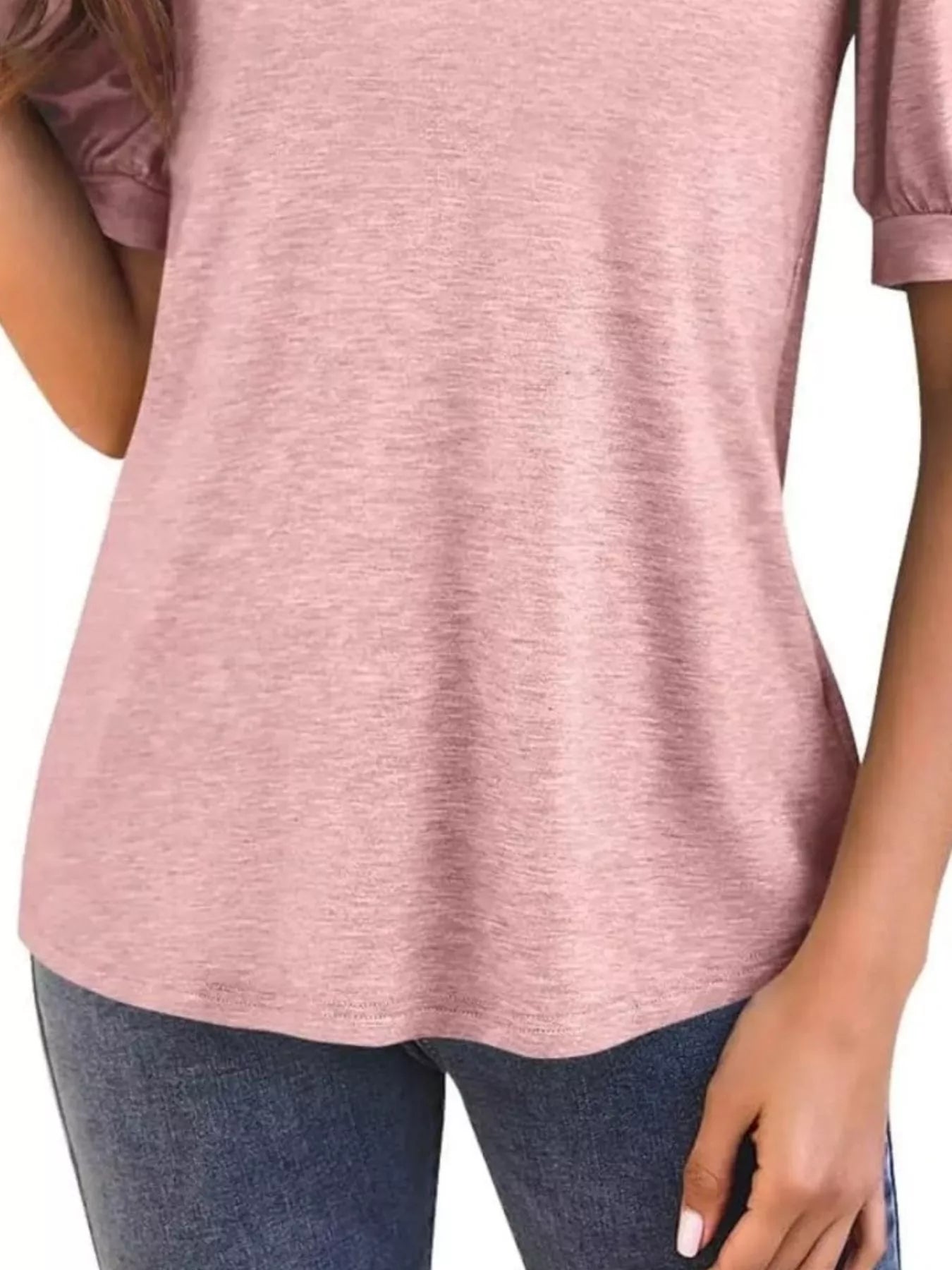 Cedar & Moore Puff Sleeve Notched Casual T-Shirt in dusty pink, short-sleeve tee
