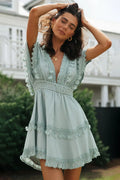 Lace Detail Plunge Short Sleeve Mini Dress in pale blue with lace trim