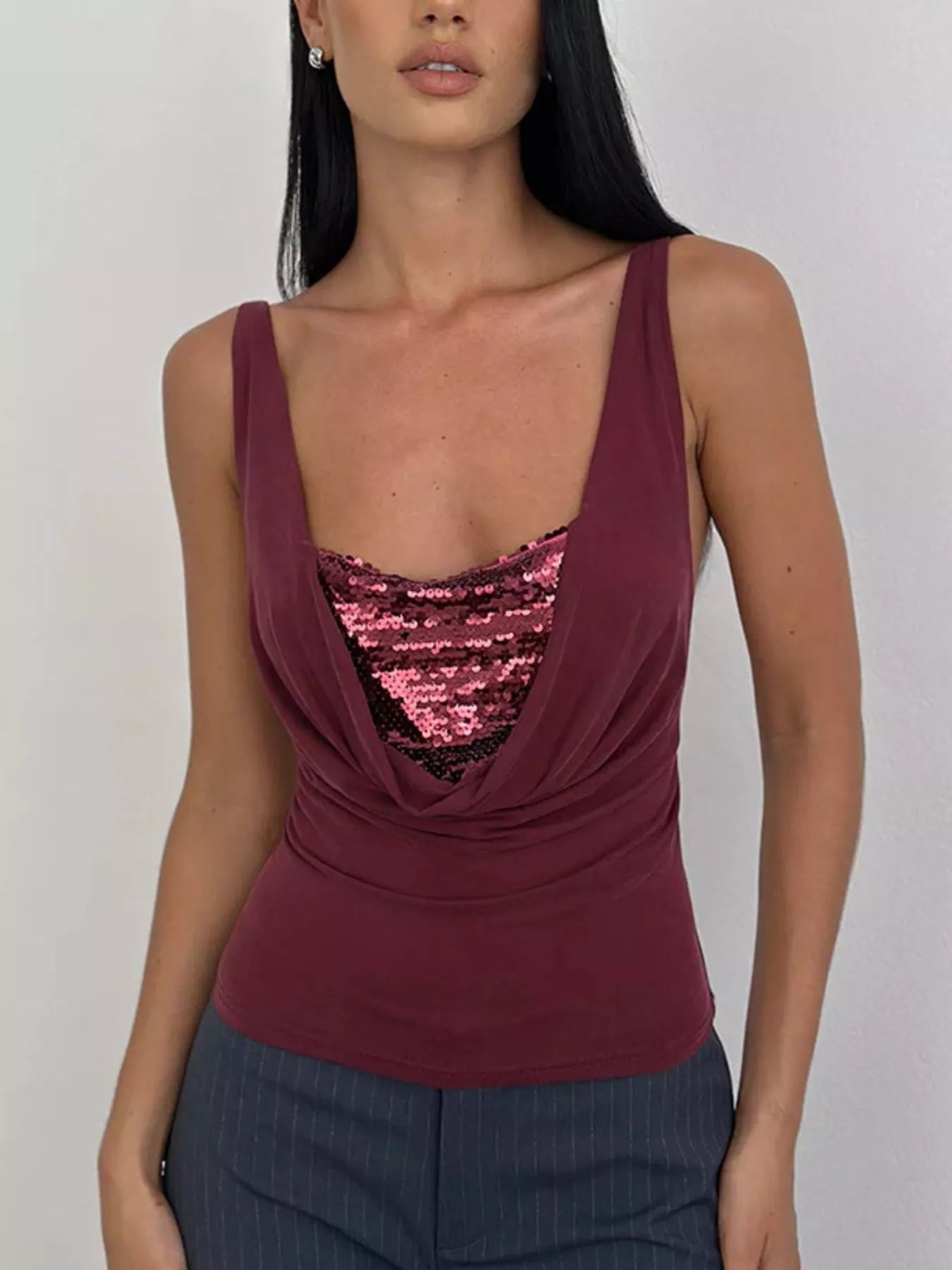 Cedar & Moore Sequin Detail Ruched Tank in burgundy with pink sequin underlay