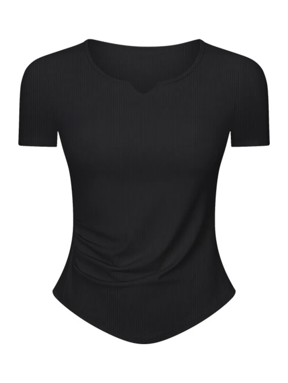 Black active t-shirt with notched V-neck and short sleeves (flat lay)