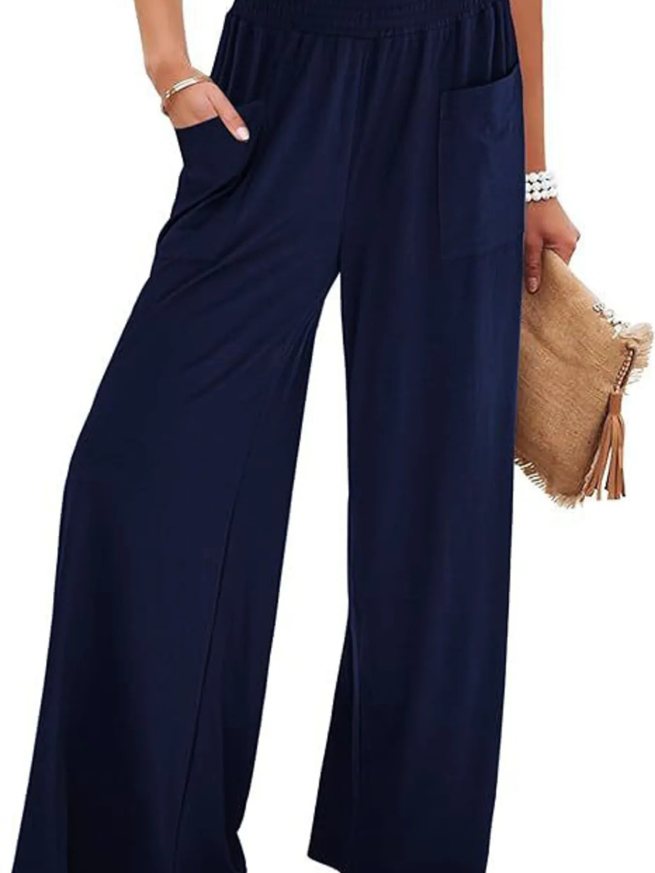 High-waisted wide-leg pants, dark navy, elastic waistband, side pocket opening