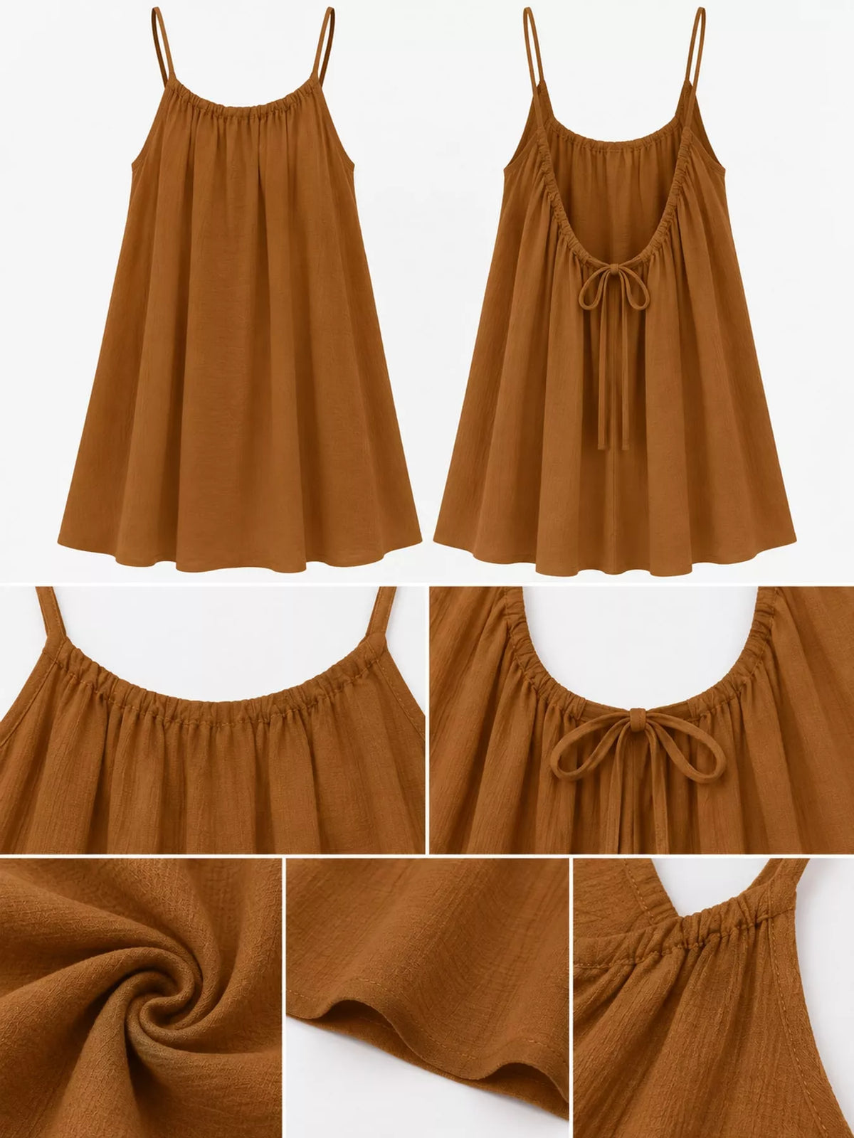 Backless spaghetti-strap ruched mini dress in rust-brown, tie-back detail and gathered bodice.