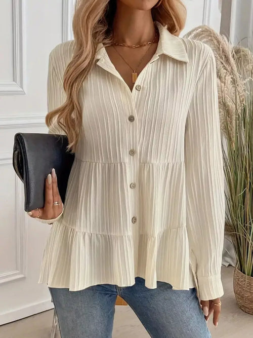 Cream tiered button-down long-sleeve shirt with pointed collar and gold buttons