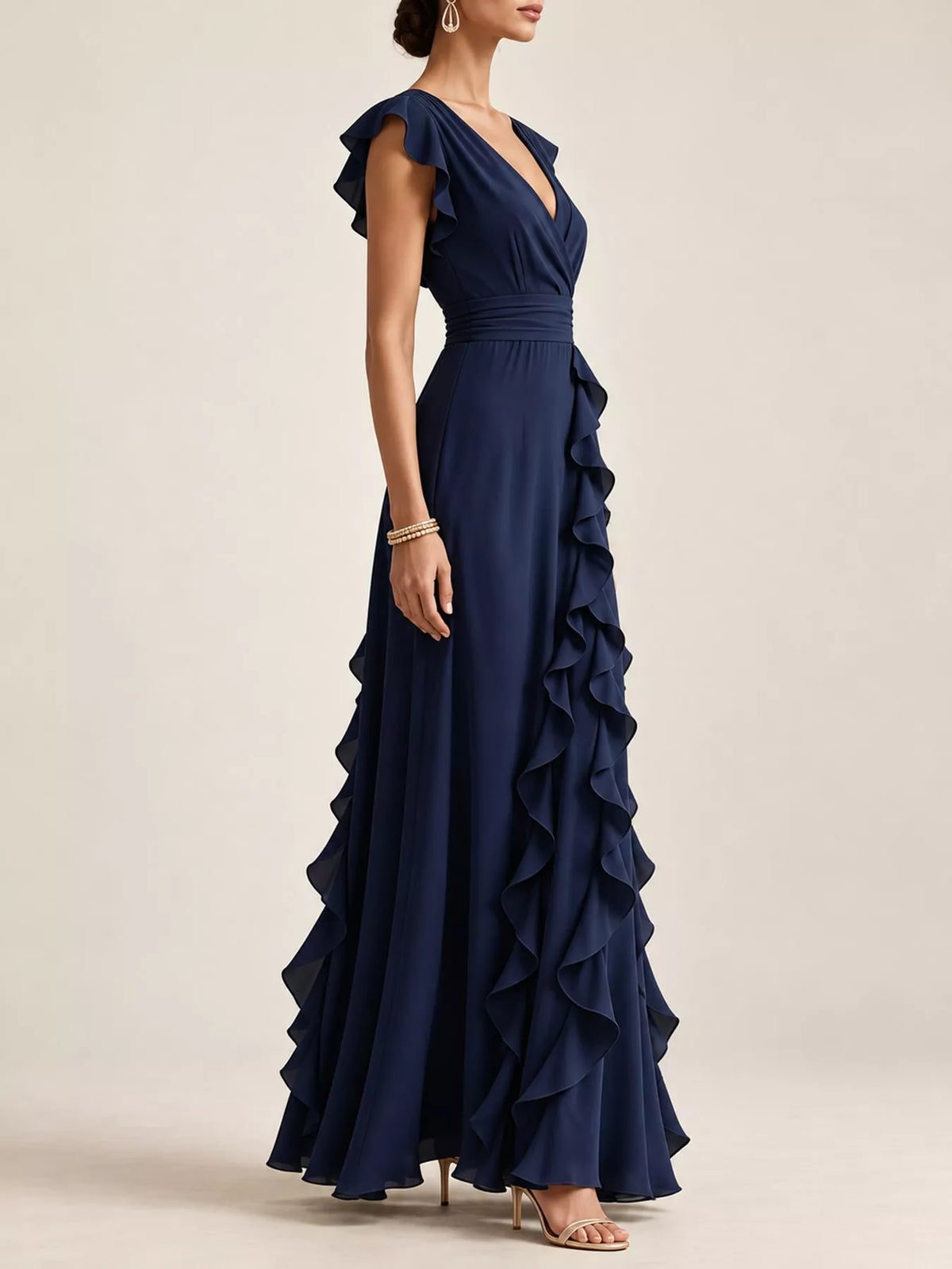 Navy sleeveless maxi dress with ruffled tiers, high waist sash, and V-neck wrap front