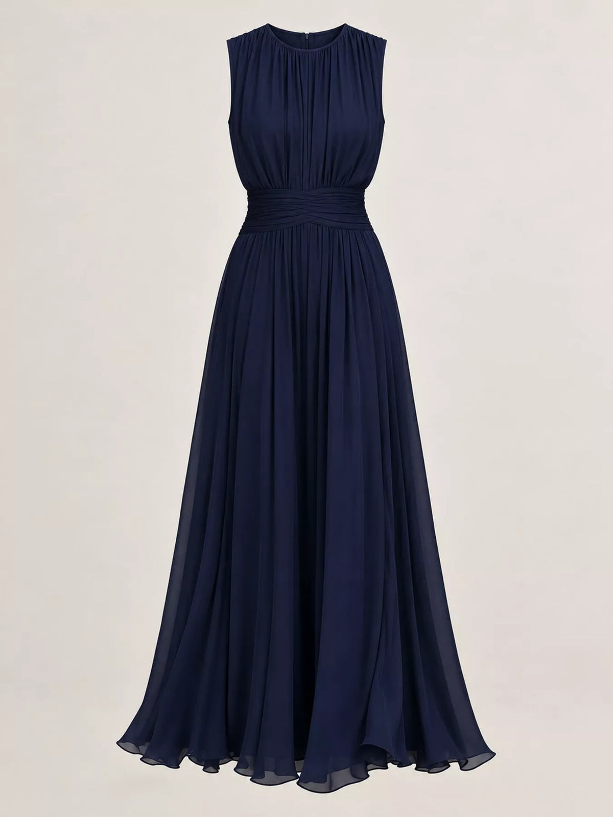Navy sleeveless ruched chiffon maxi dress with gathered waist and pleated skirt