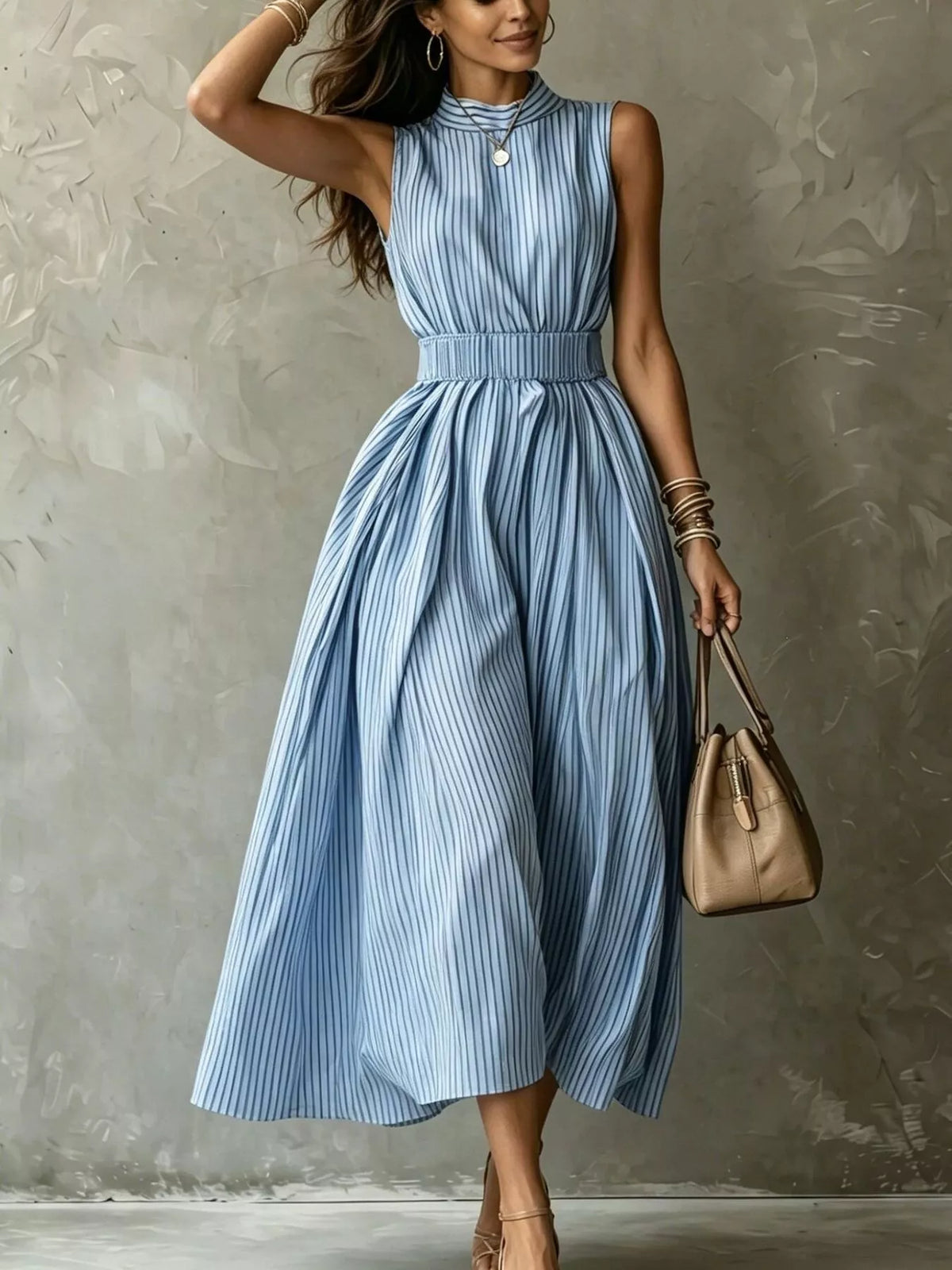 Pastel blue vertical striped smocked sleeveless maxi dress with gathered waist