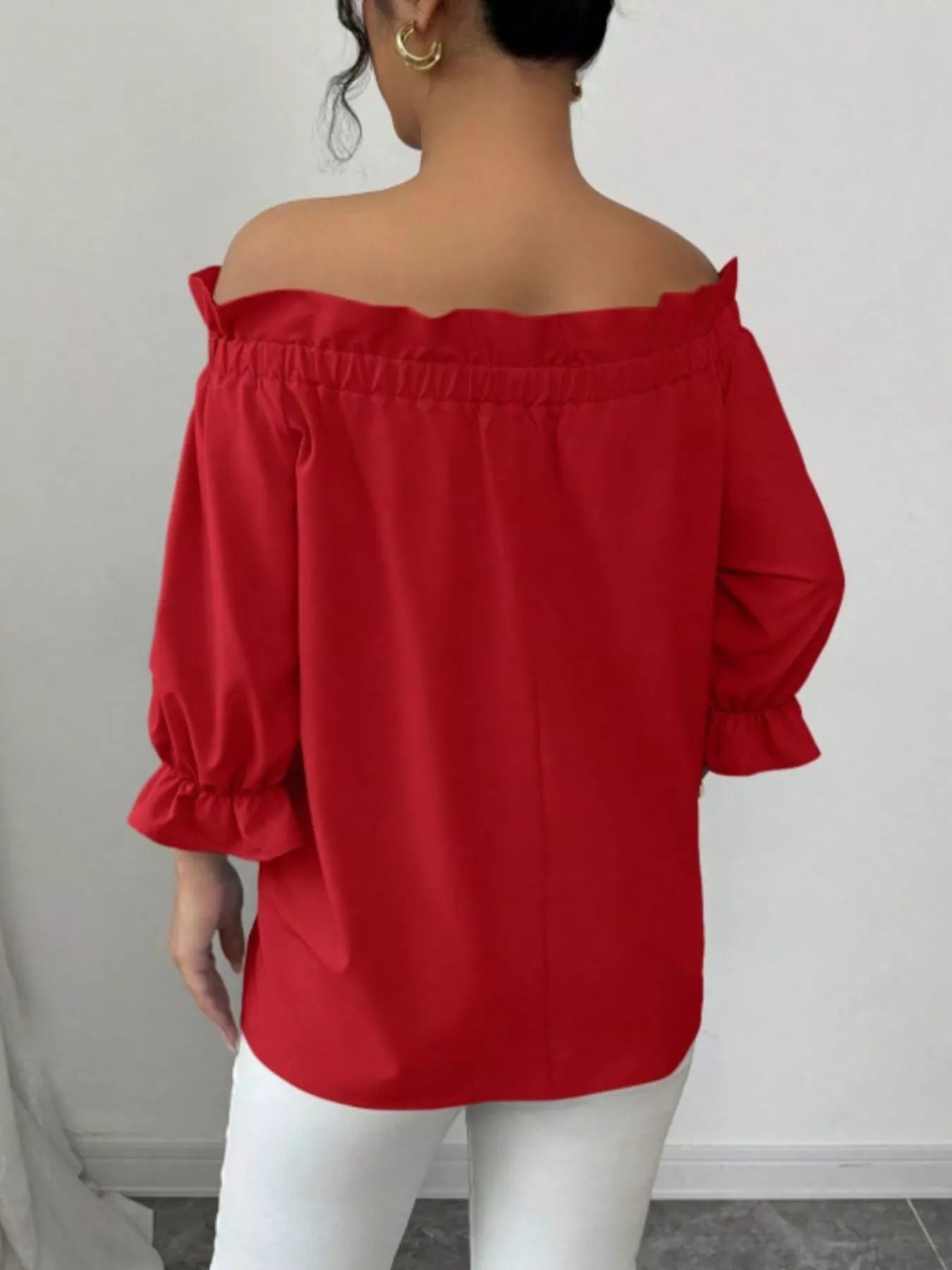 Bow Flounce Sleeve Blouse, red off-shoulder top with elastic neckline and puffed ruffle sleeves