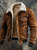 Men's brown zip-up jacket with plush sherpa lining, stand collar, and chest flap pocket