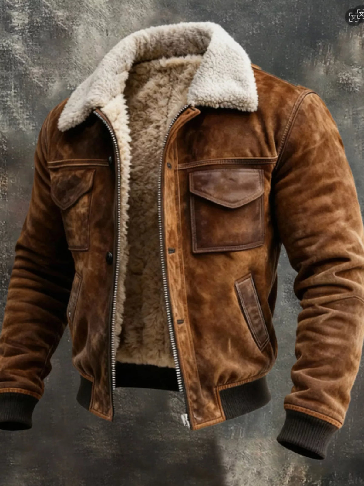 Men's brown zip-up jacket with plush sherpa lining, stand collar, and chest flap pocket