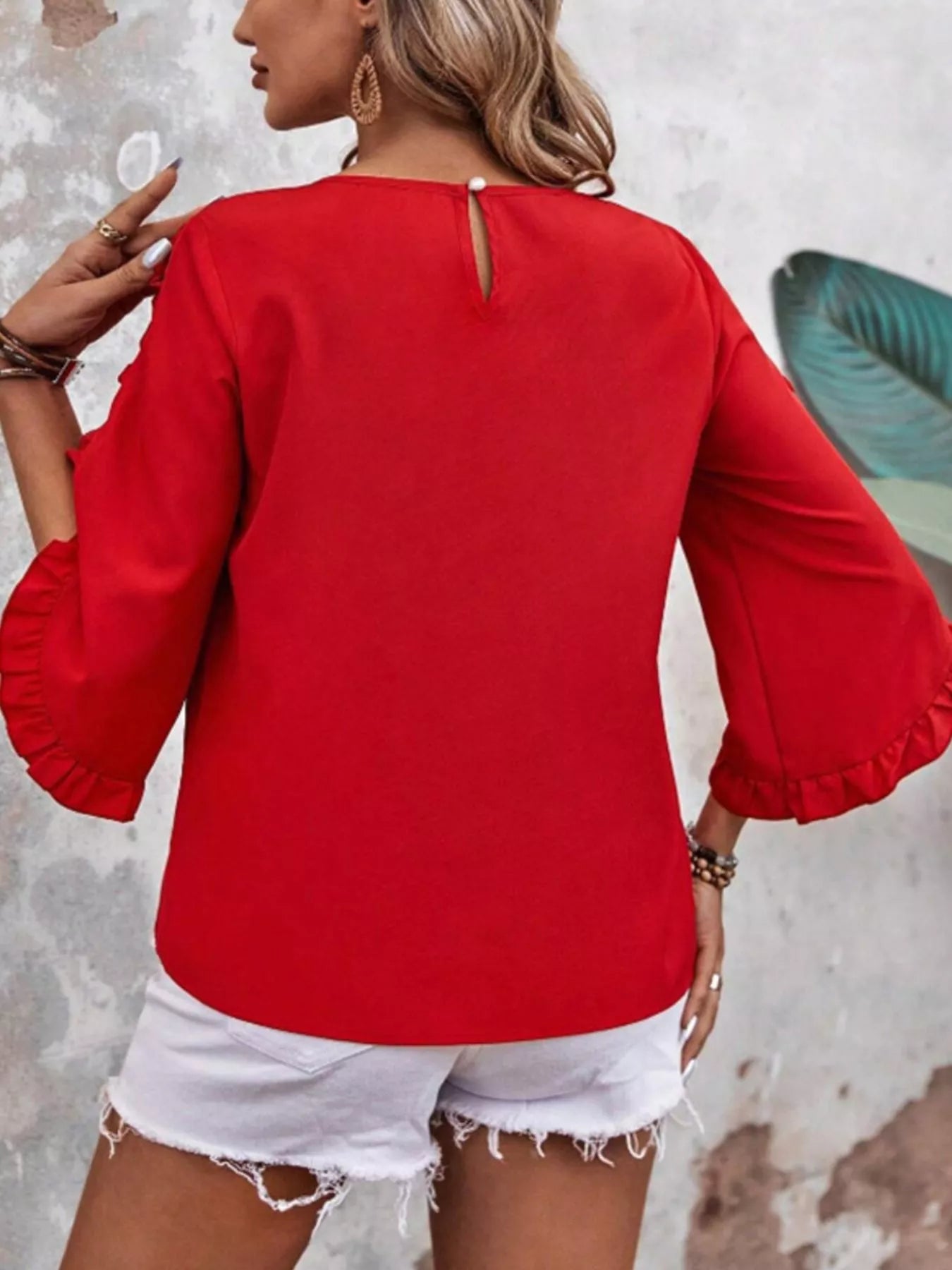 Ruffle Sleeve Solid Color Blouse, red with back keyhole closure