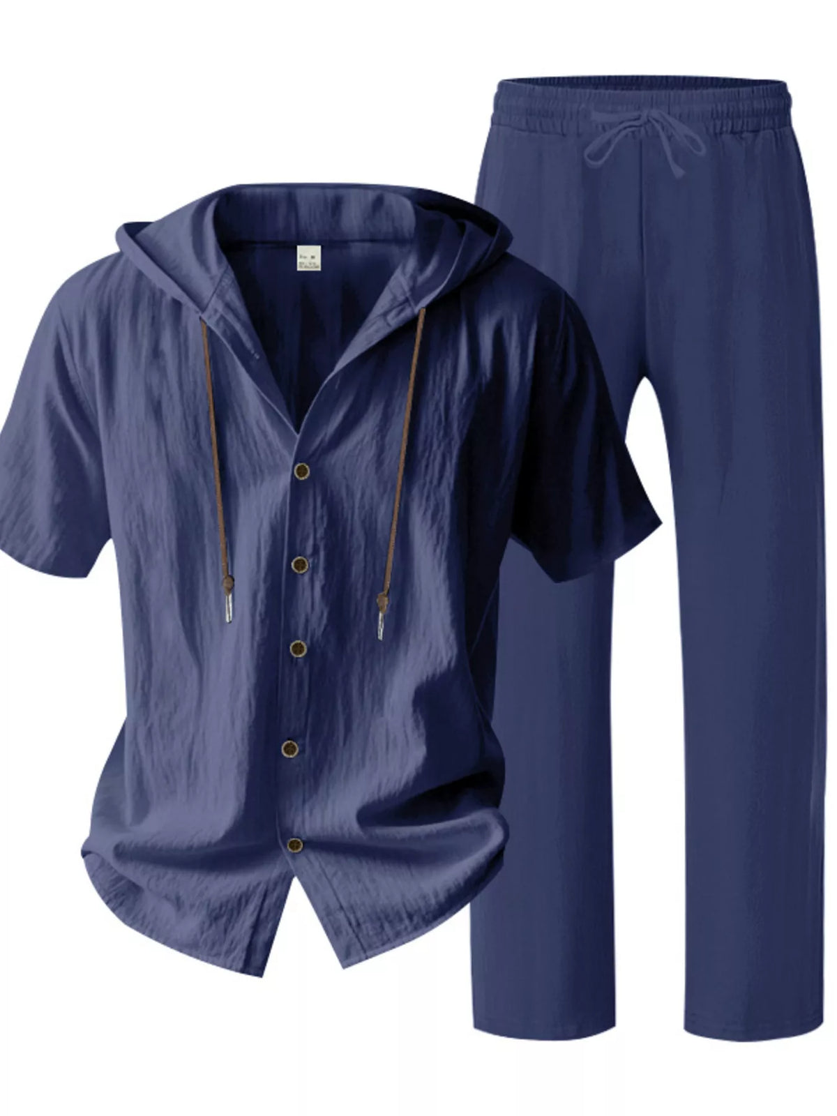Mens linen hooded button-up short-sleeve top and pants set, navy studio set