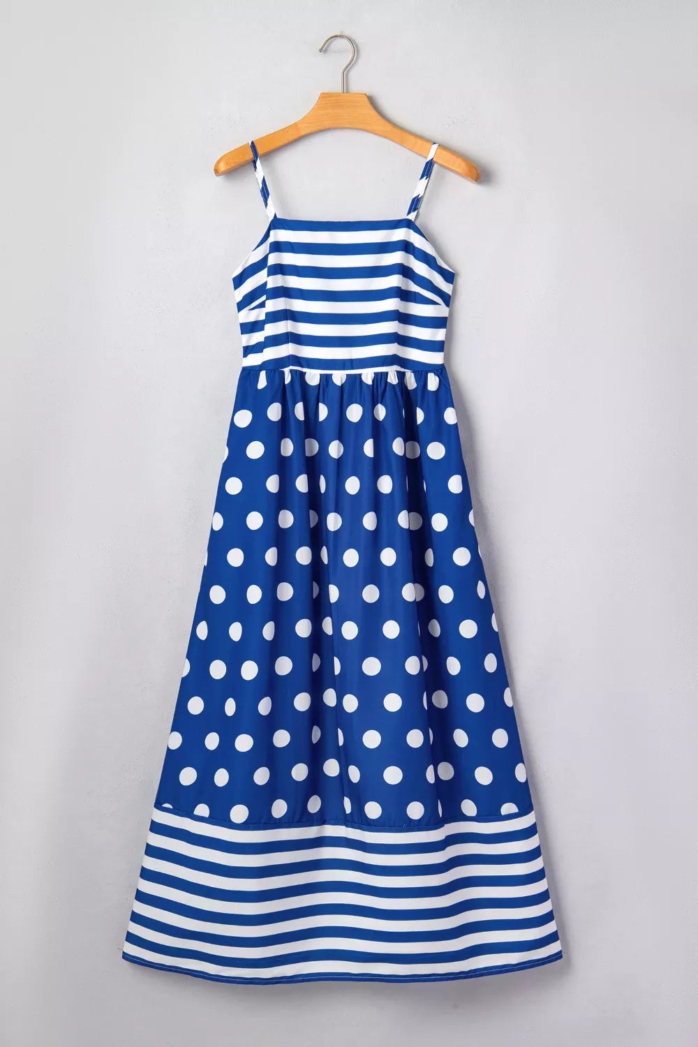 Cedar & Moore Striped polka dot patchwork maxi dress with high waist and spaghetti straps in blue and white.